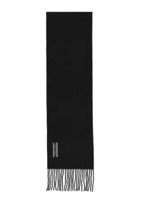 Our legacy men’s sciarpa estate black wool scarf with fringed ends and small rectangular label at the bottom