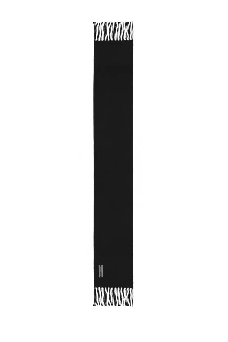 Our Legacy men’s Sciarpa Estate black wool scarf with white fringe detailing at both ends