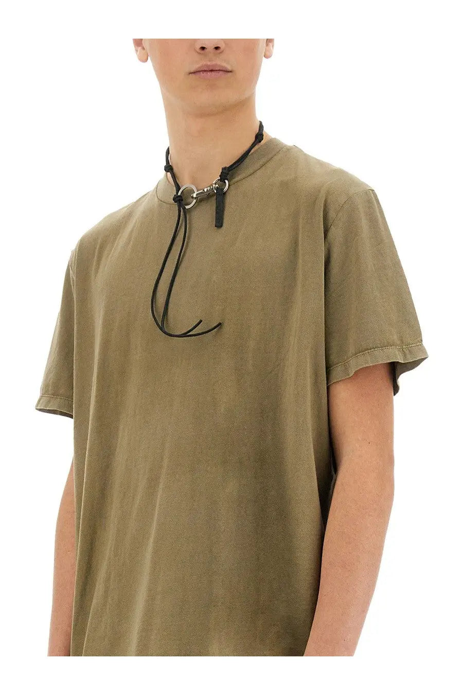 Olive green cotton t-shirt by our legacy featuring black cord and metal clasp at the neckline men’s shirt box green