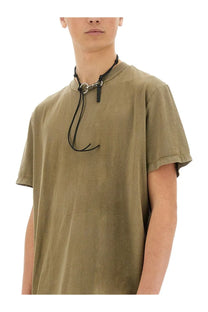 Olive green cotton t-shirt by our legacy featuring black cord and metal clasp at the neckline men’s shirt box green