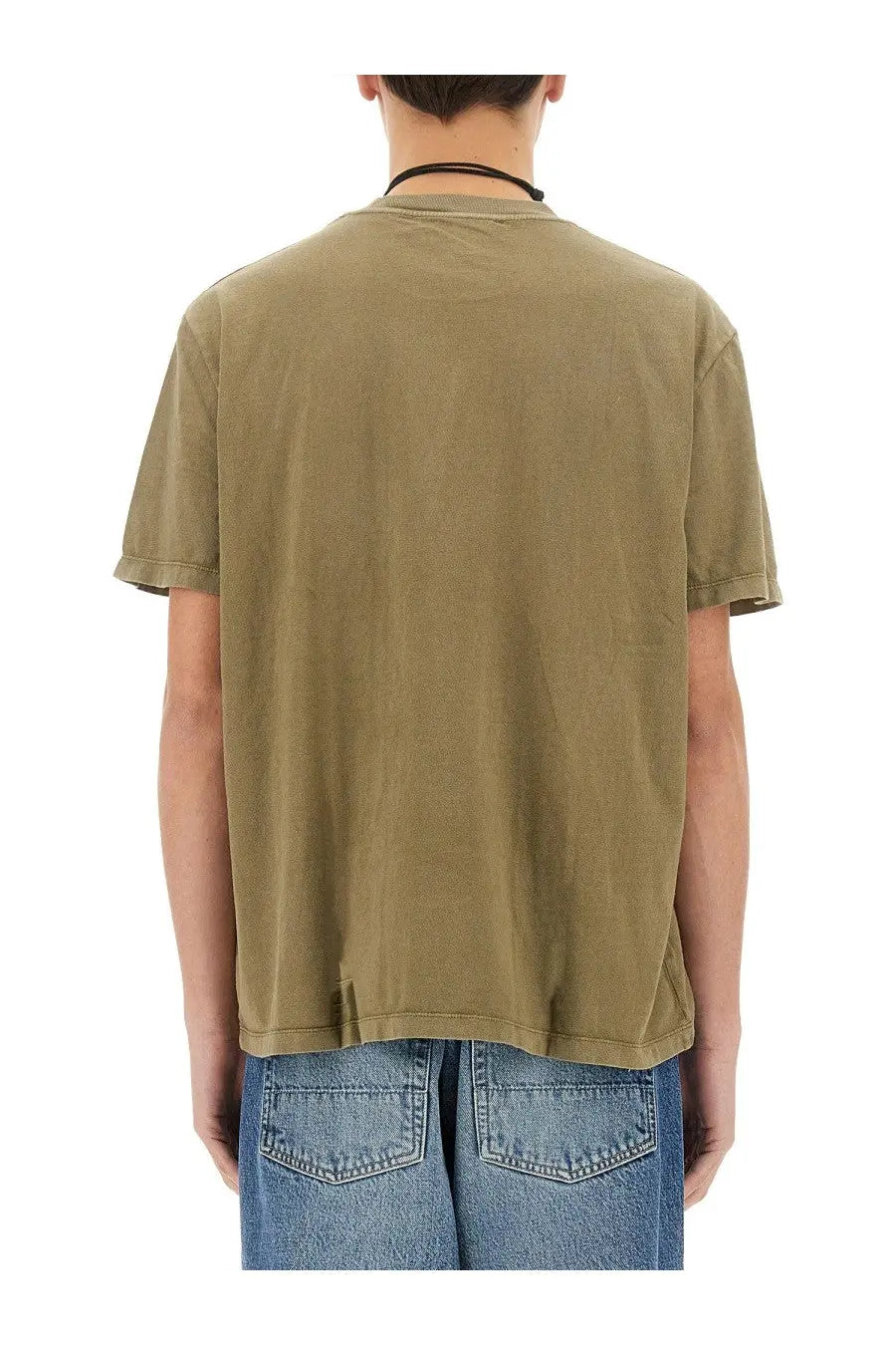 Our Legacy men’s olive green cotton t-shirt with relaxed fit and subtle faded texture in shirt box green color