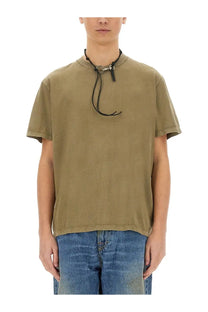 Our legacy men’s shirt box green olive green short sleeve t-shirt with distinctive neck cord detail