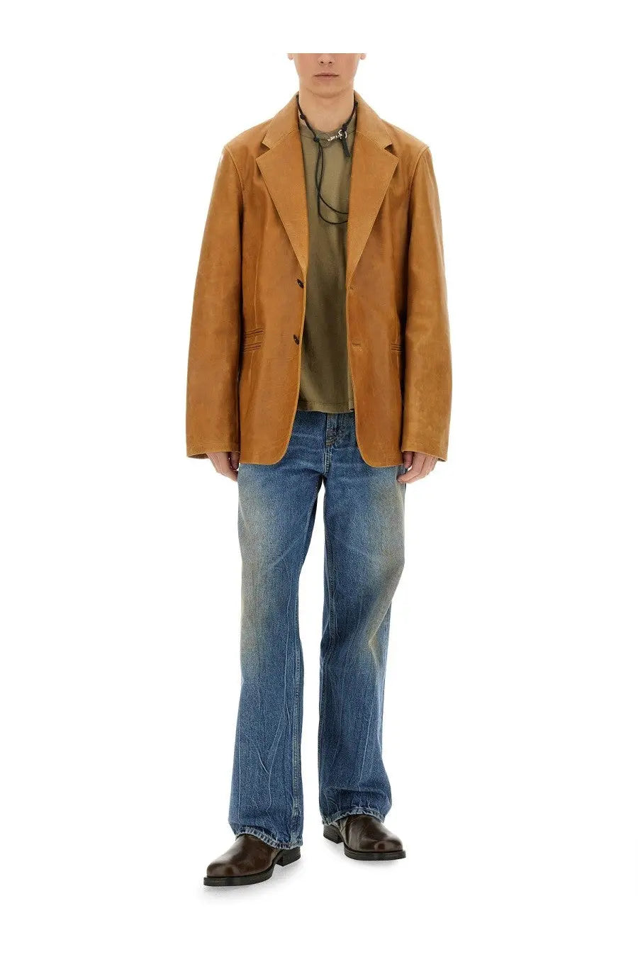Tan suede blazer with classic double-breasted design and black buttons paired with our legacy men’s shirt box green