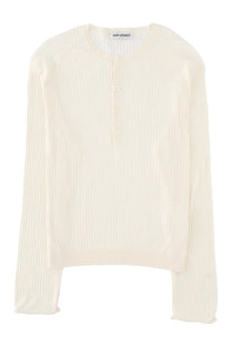 Cream-colored ribbed knit long-sleeved button-down top with subtle vertical pleats from Our Legacy men’s fine Henley shirt white collection