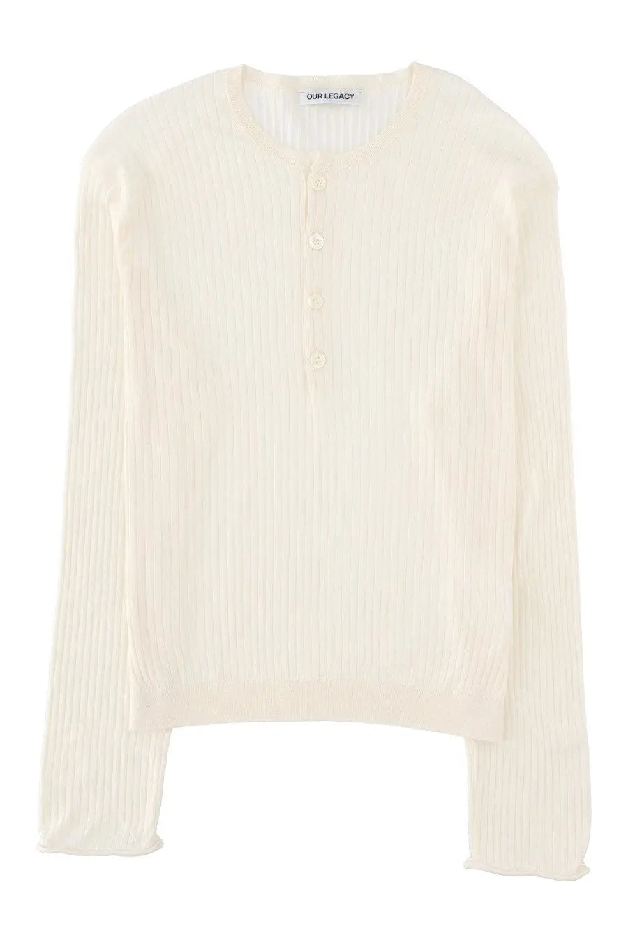 Our Legacy men’s cream-colored ribbed knit long-sleeved henley shirt with button-down front and vertical pleats
