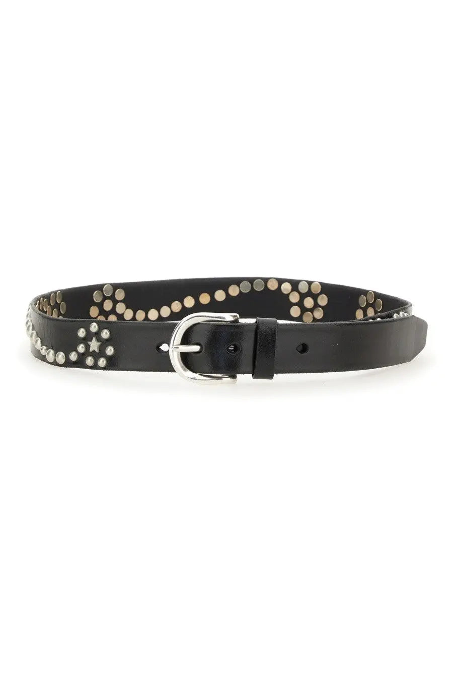 Our Legacy men’s star fall belt black black leather adorned with silver and gold-toned swirling star-shaped studs