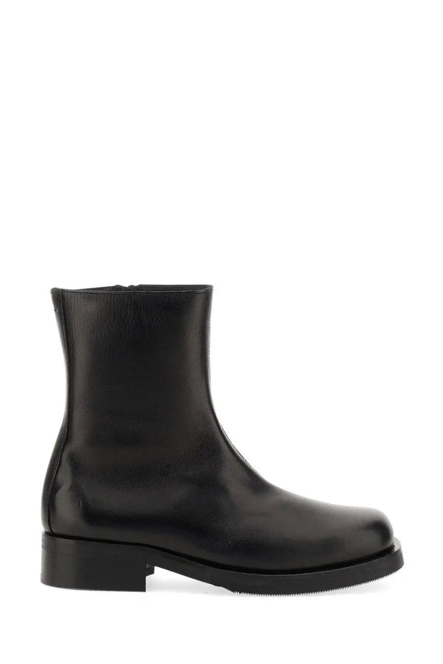 Our Legacy men’s stivale camion black leather ankle boot with low block heel and smooth glossy finish