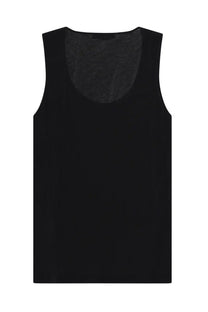 Back view of our legacy men’s black sleeveless tank top with sheer textured panel for athletic wear