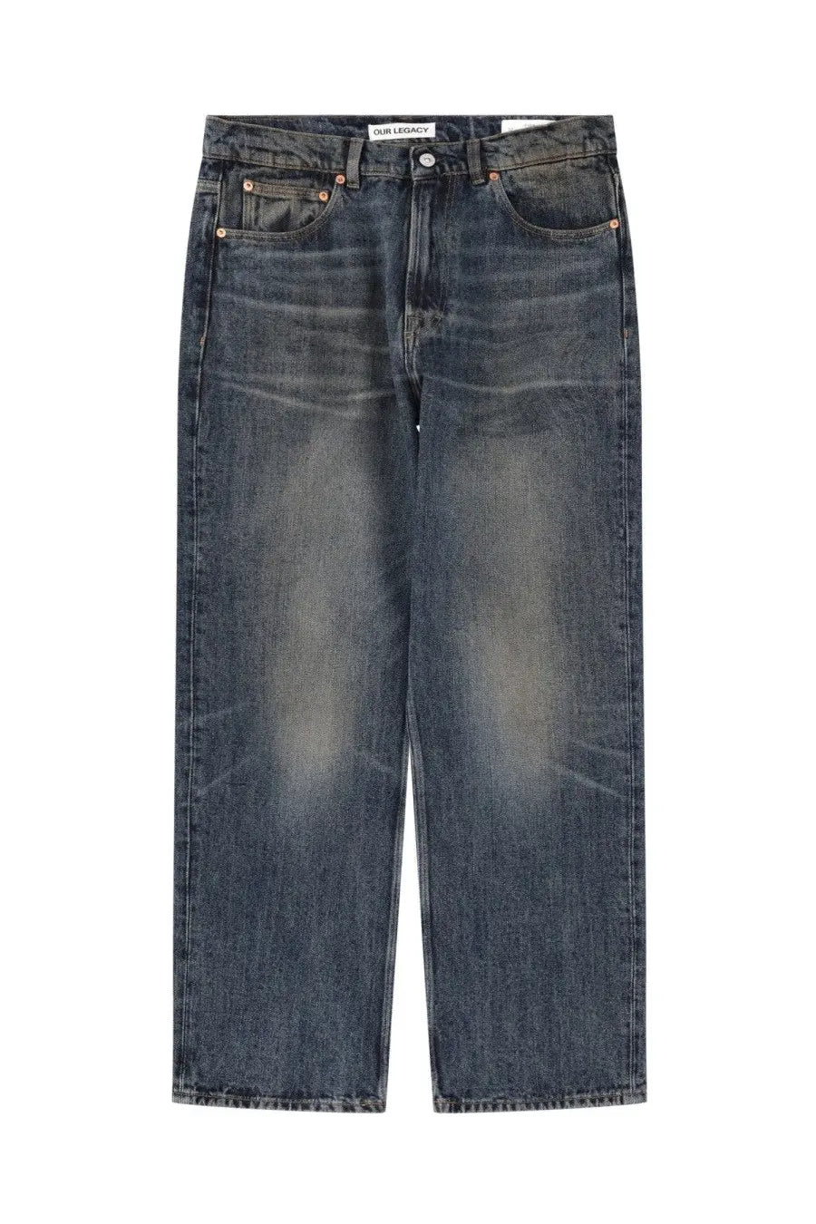 Our Legacy men’s third cut jeans blue dark-wash denim with relaxed straight-leg cut and faded distressing