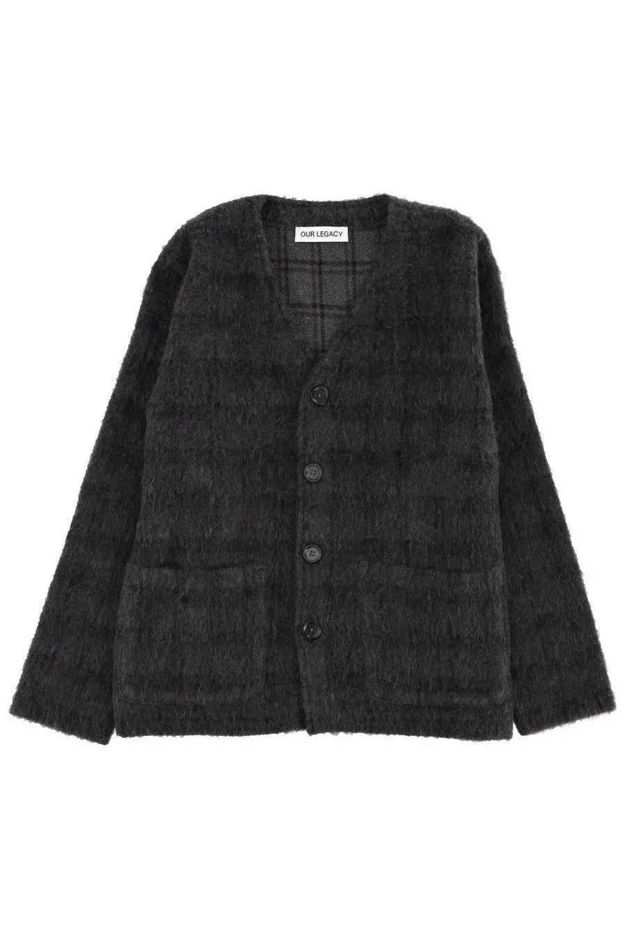 Our legacy men’s wool blend cardigan in grey with black textured knit plaid pattern and dark buttons