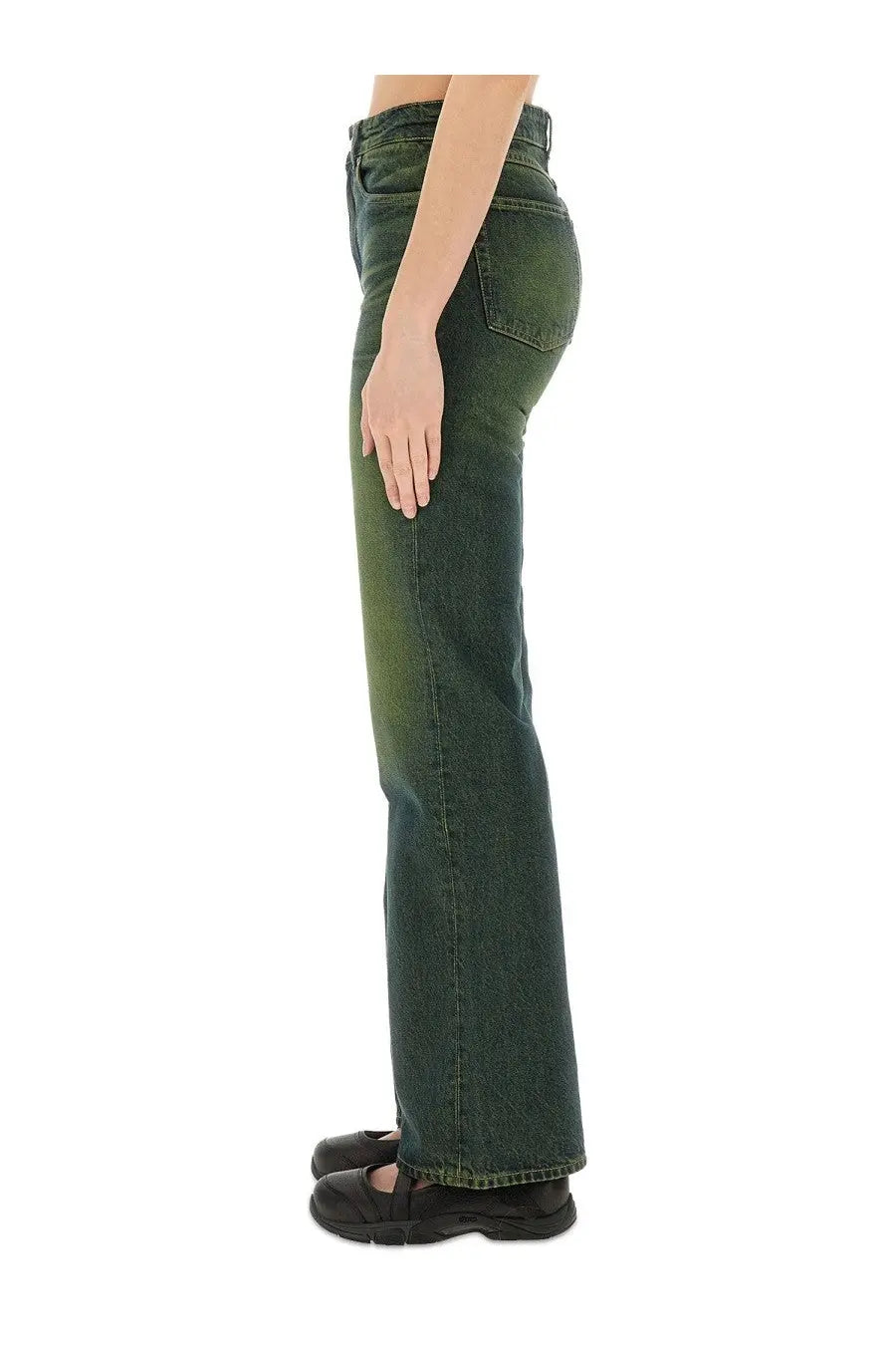 Our Legacy women’s boot cut Malibu jeans green are dark green high-waisted flared denim jeans with a faded wash and five pockets