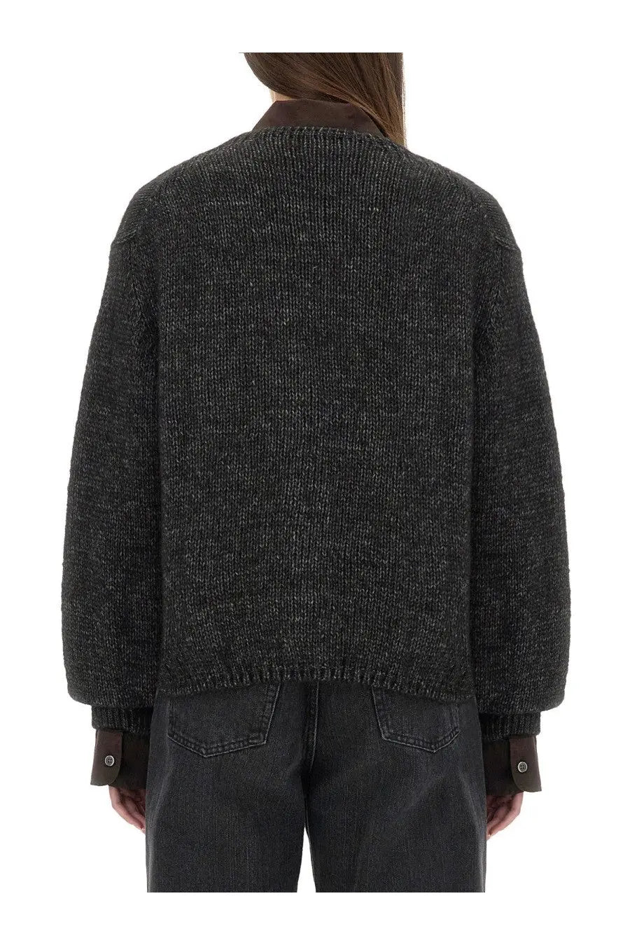 Our Legacy women’s dark gray knit cardigan with brown collar and cuffs in academy black textured fabric