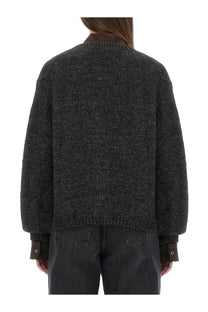 Our Legacy women’s dark gray knit cardigan with brown collar and cuffs in academy black textured fabric