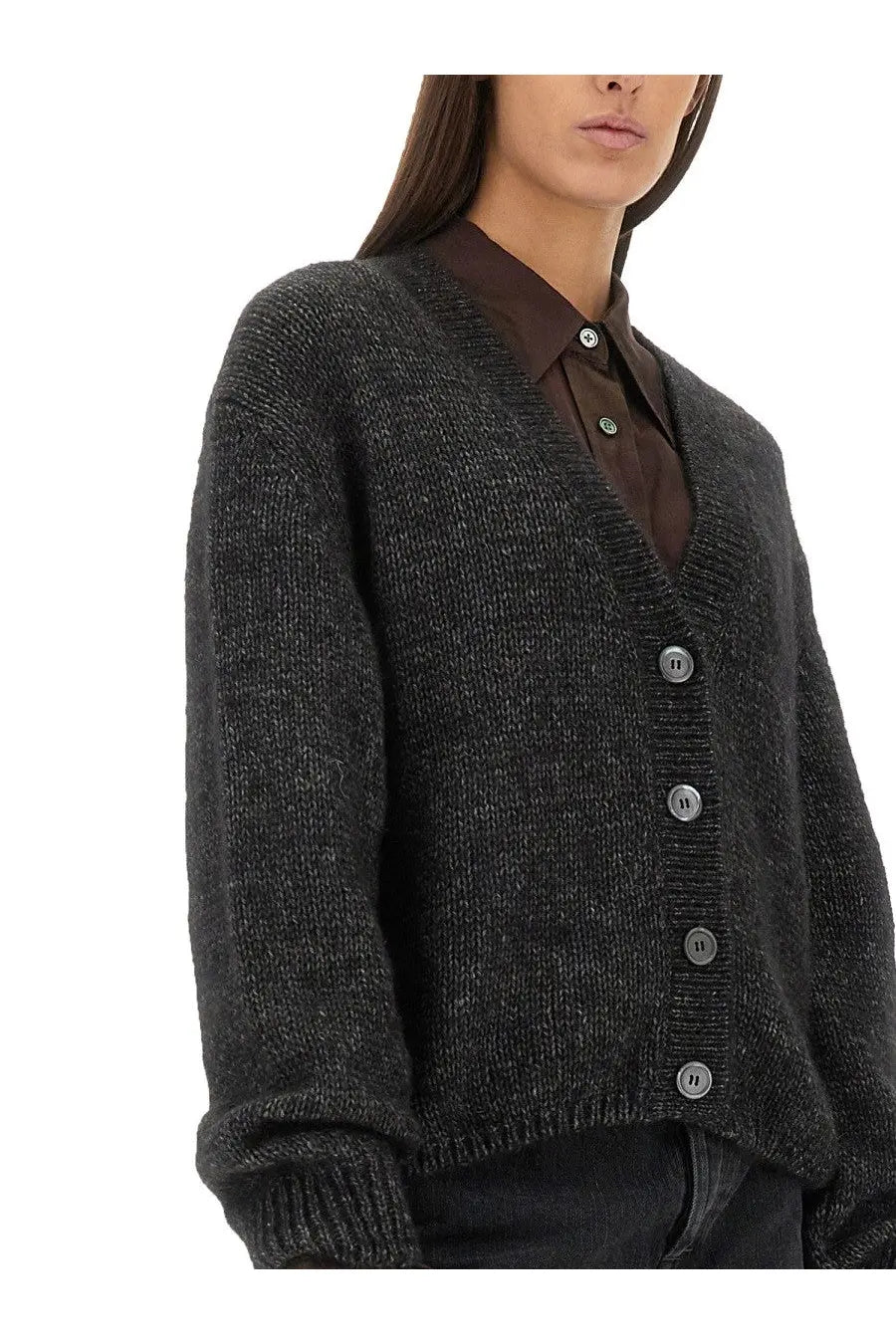 Our Legacy women’s dark gray textured knit cardigan with silver buttons in Academy Black color