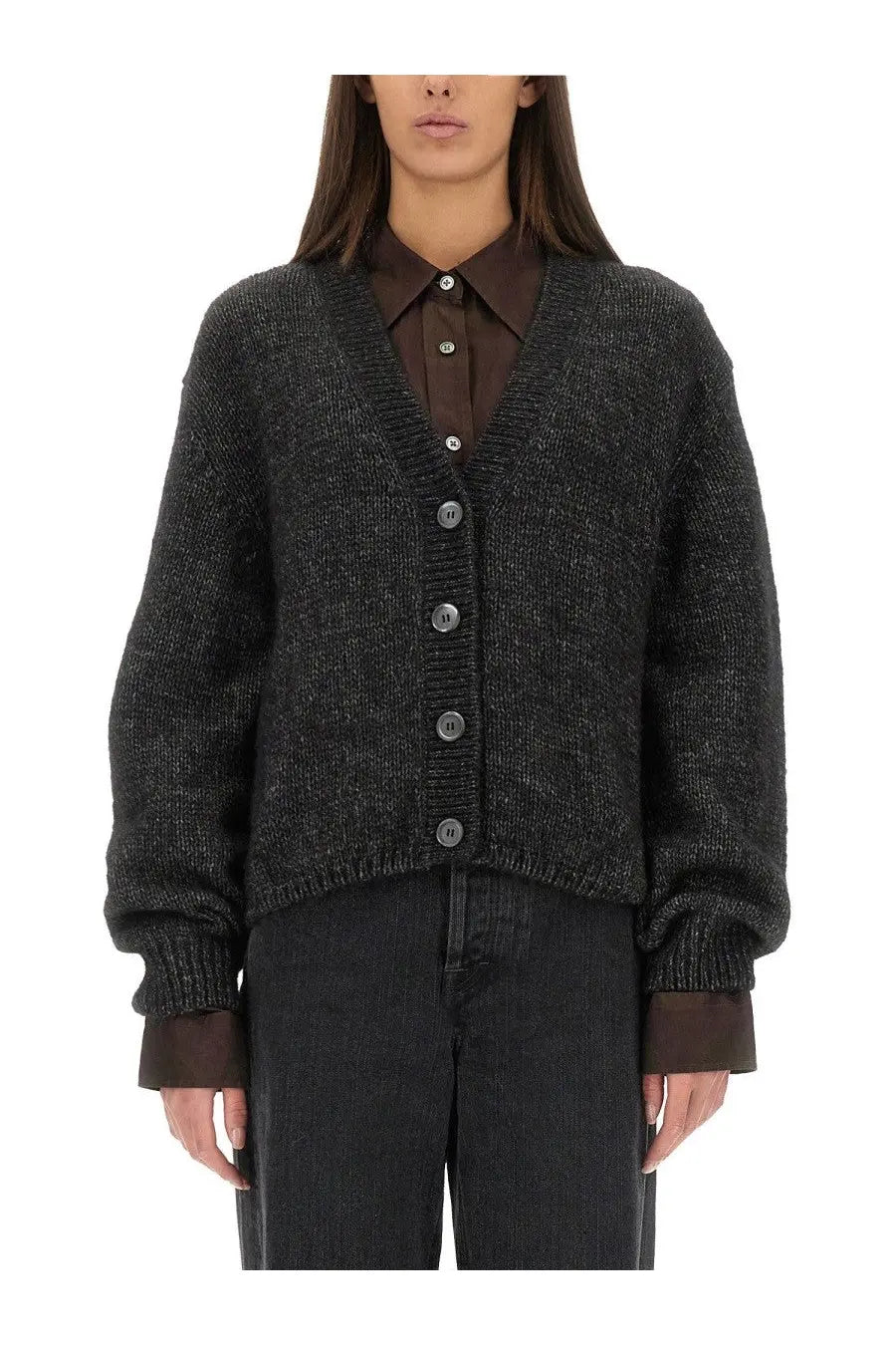Dark gray textured knit cardigan with button closure by our legacy in academy black for women