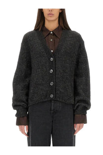 Dark gray textured knit cardigan with button closure by our legacy in academy black for women