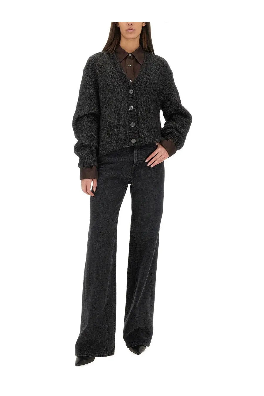 Our Legacy women’s cardigan Academy black dark gray textured knit with button closure and long sleeves