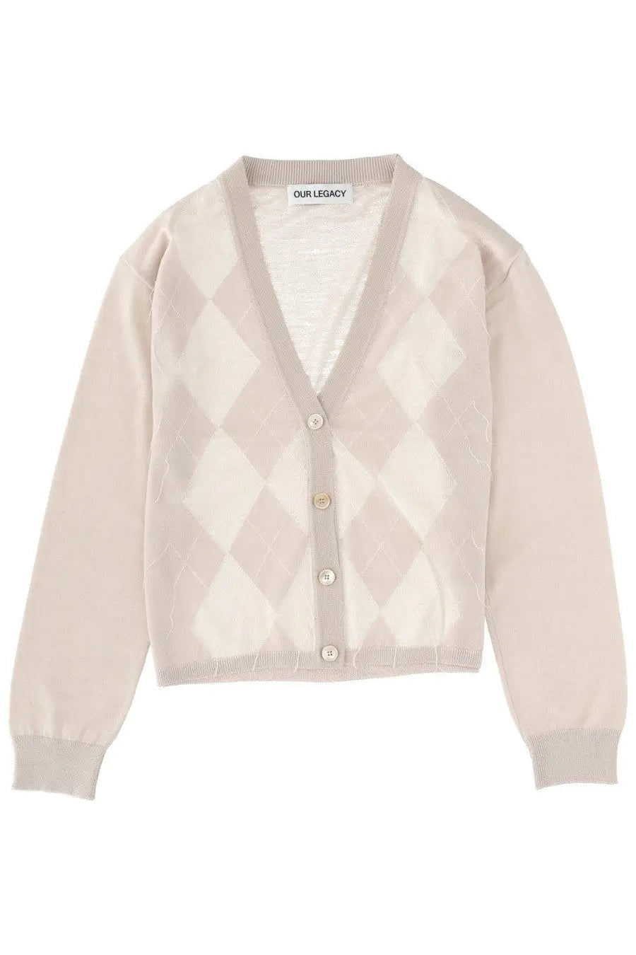 Our Legacy women’s cream argyle knit cardigan with v-neck and button closure featuring beige diamond patterns