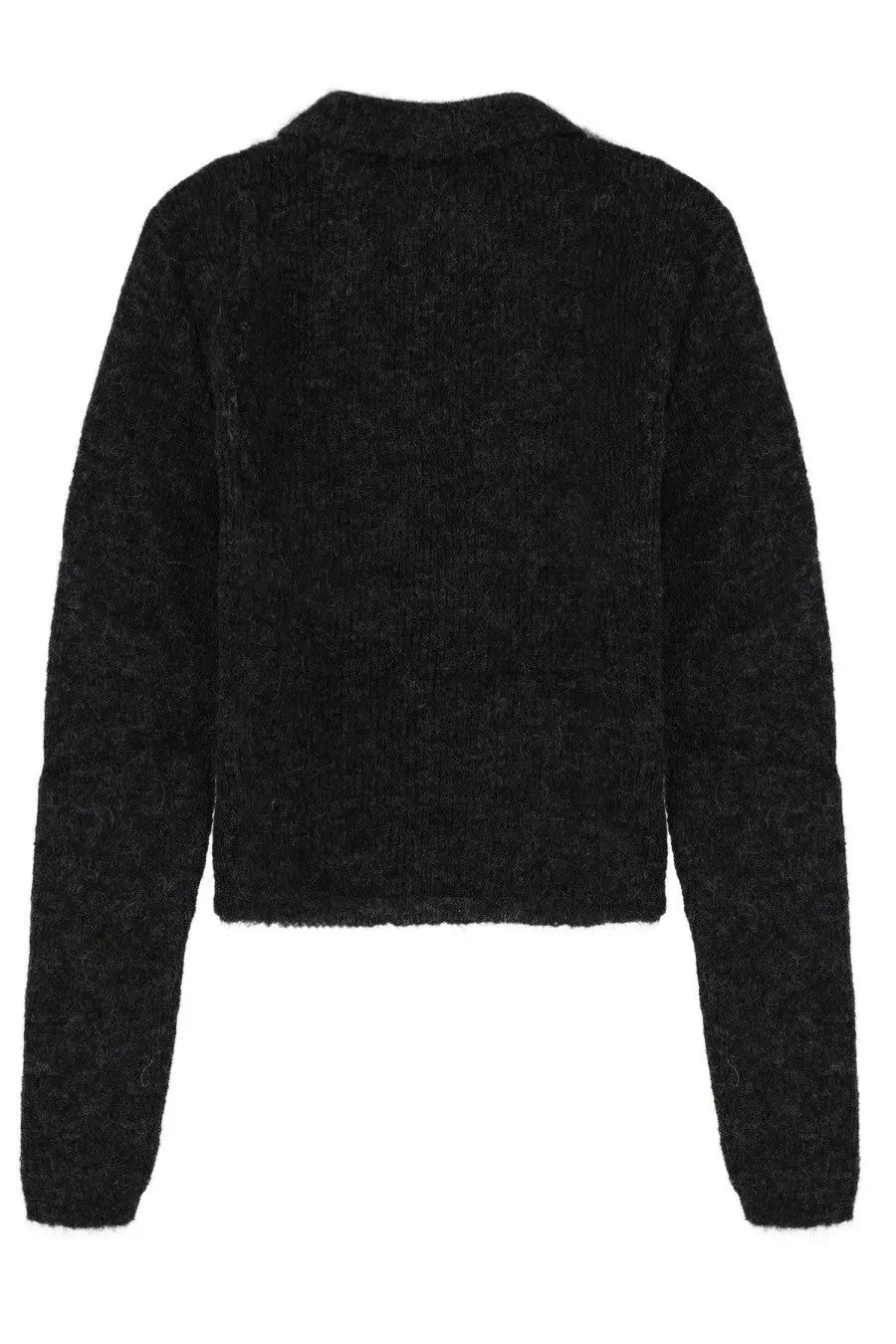 Our legacy women’s cropped black fuzzy sweater with subtle textured pattern and soft cozy material