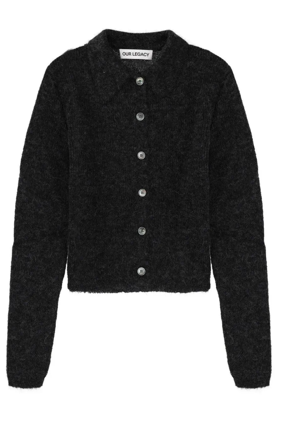 Our Legacy women’s black textured knit cardigan with silver buttons and cropped silhouette Mazzy Grey style