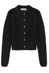 Our Legacy women’s black textured knit cardigan with silver buttons and cropped silhouette Mazzy Grey style