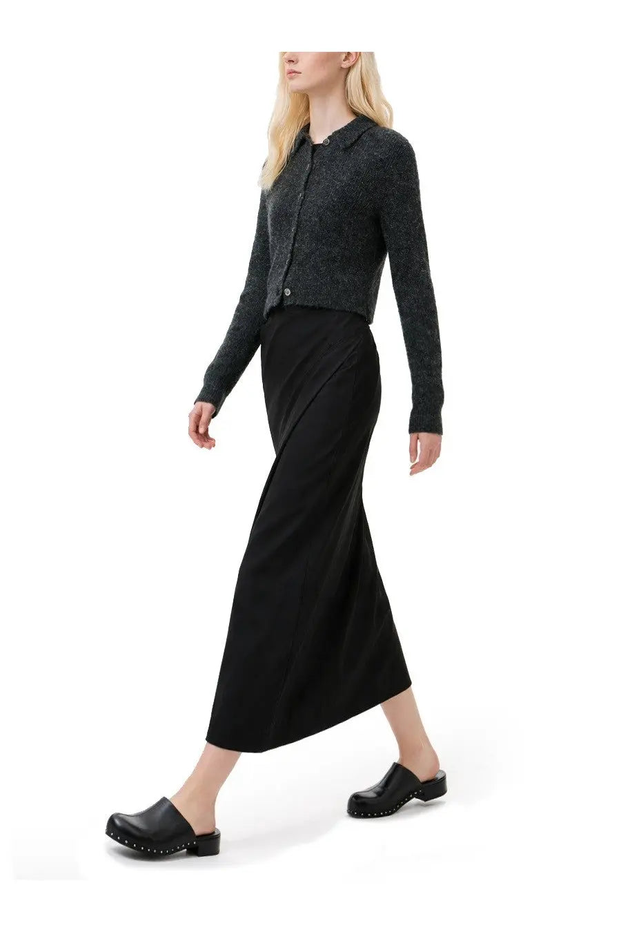 Our Legacy women’s black textured knit cardigan with subtle pattern and button closure Mazzy Grey style