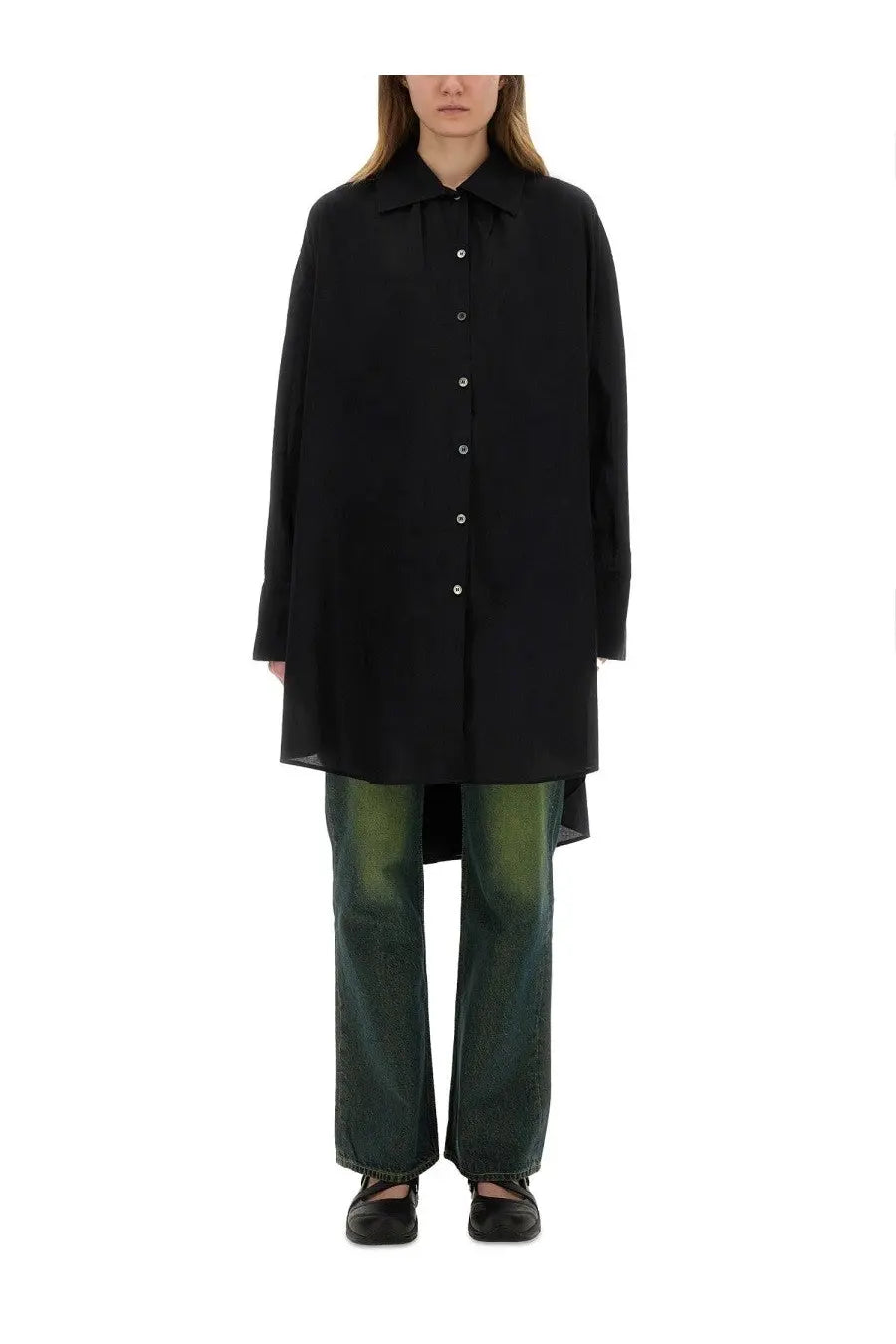 Our Legacy women’s chemisier dress Gale black oversized button-down with relaxed flowing silhouette and subtle sheen