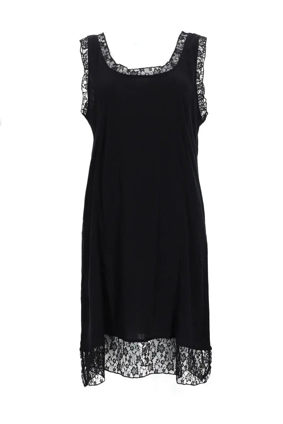 Our Legacy women’s dawn dress black sleeveless dress with delicate lace trim on neckline armholes and hem