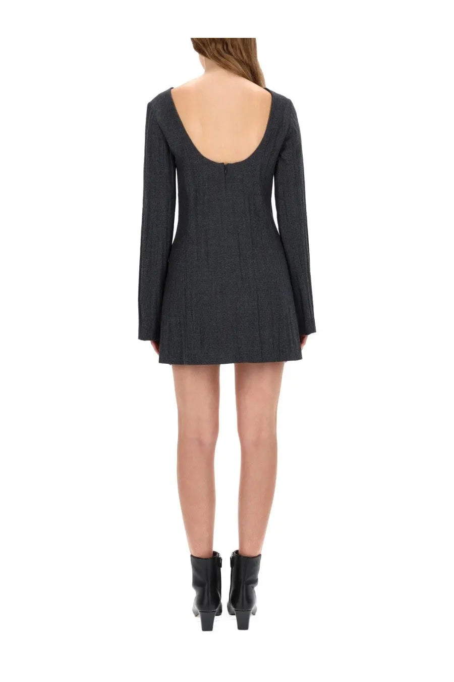 Our Legacy women’s firm grey textured knit mini dress with long sleeves and deep back cutout shown from the back