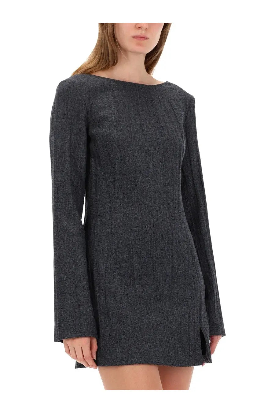 Our Legacy women’s dress firm grey long-sleeved textured mini dress with straight hem and side slit