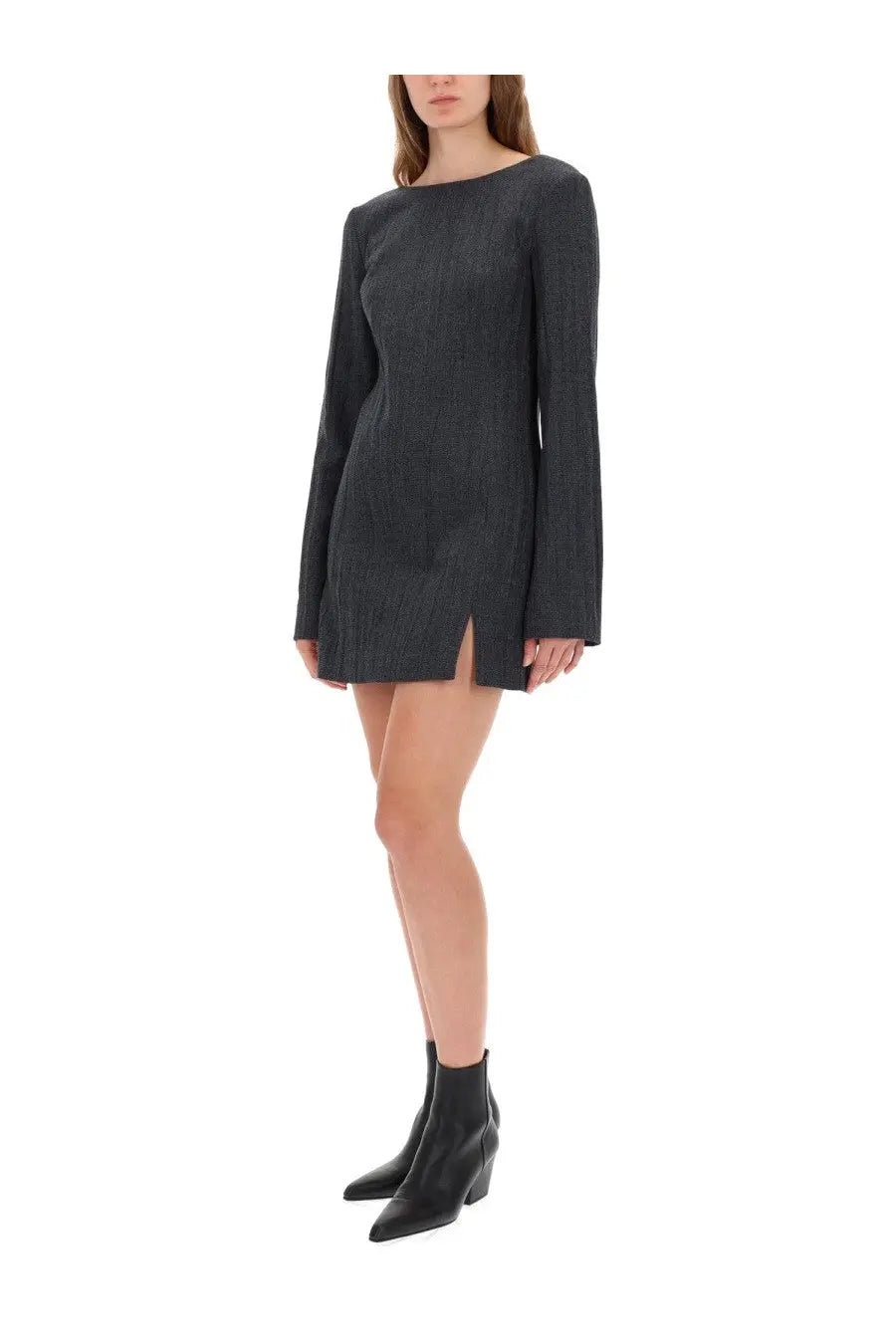 Our Legacy women’s firm grey mini dress in dark gray textured fabric with long sleeves and a subtle side slit