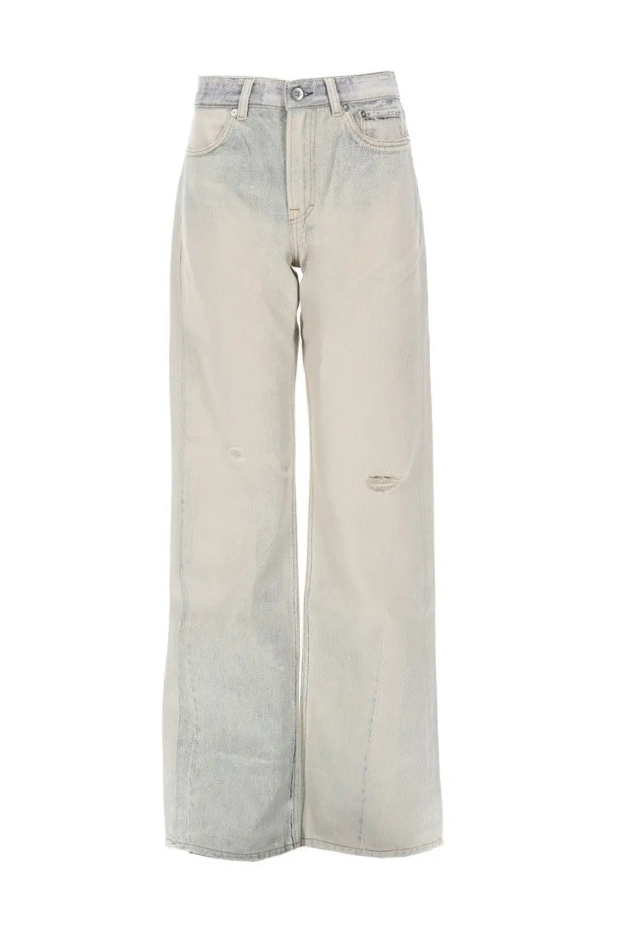 Our Legacy women’s light-wash denim jeans with wide-leg cut and subtle distressing at the knees in Wata Blue