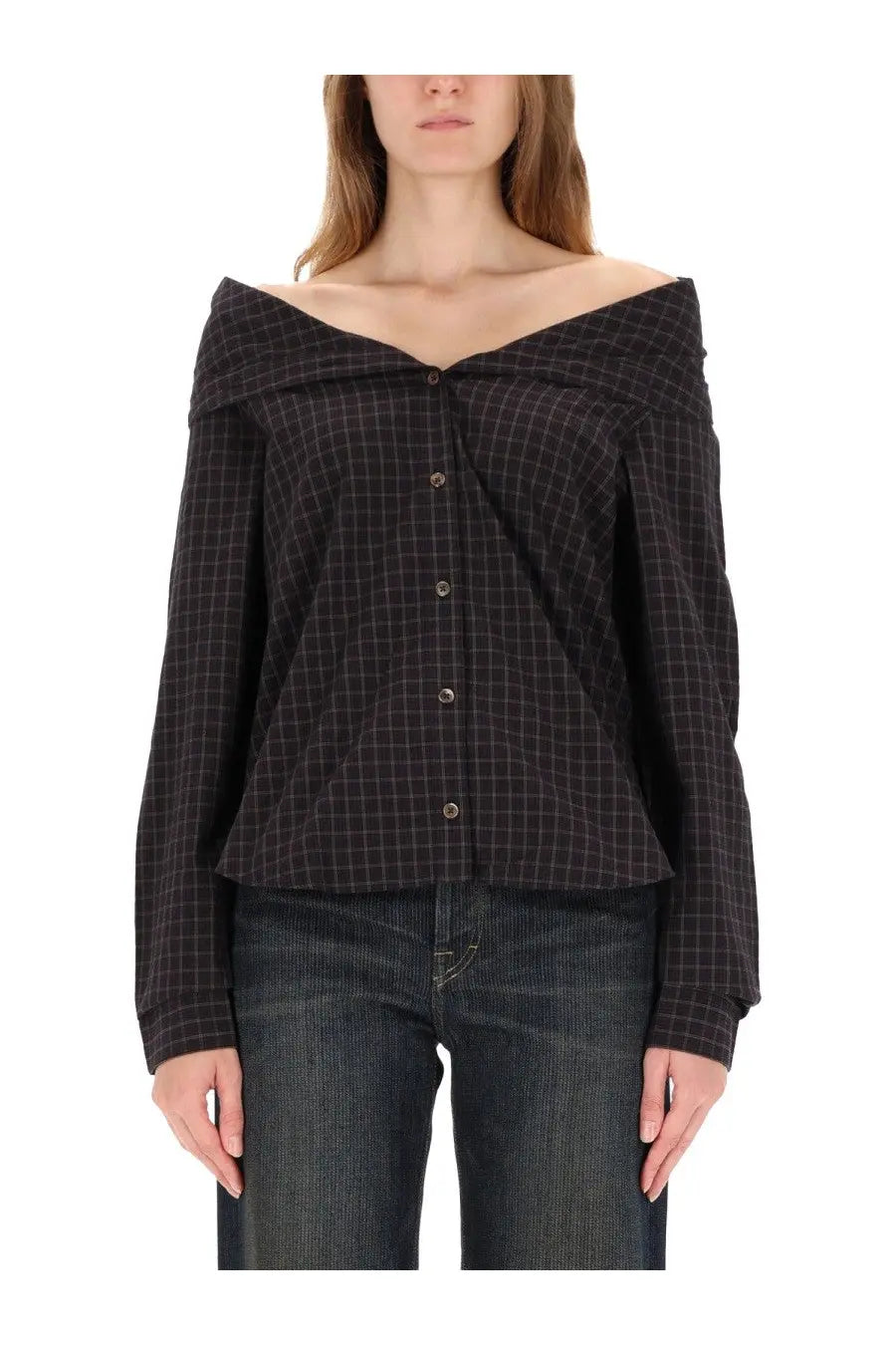 Our legacy women’s kaonashi shirt black plaid off-the-shoulder blouse with button front in black and dark gray