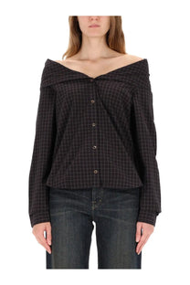 Our legacy women’s kaonashi shirt black plaid off-the-shoulder blouse with button front in black and dark gray