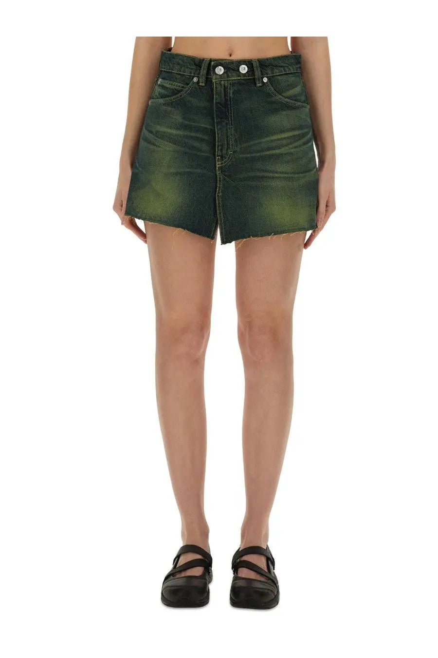 Dark green high waist frayed hem denim shorts from Our Legacy women’s Malibu cover skirt collection