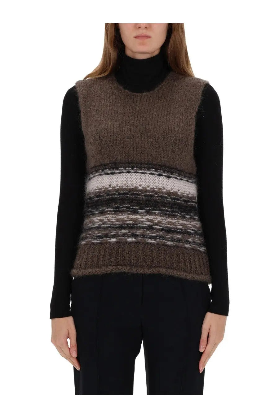 Our Legacy women’s mohair vest in earth tones with horizontal brown gray and white stripes for cozy wear