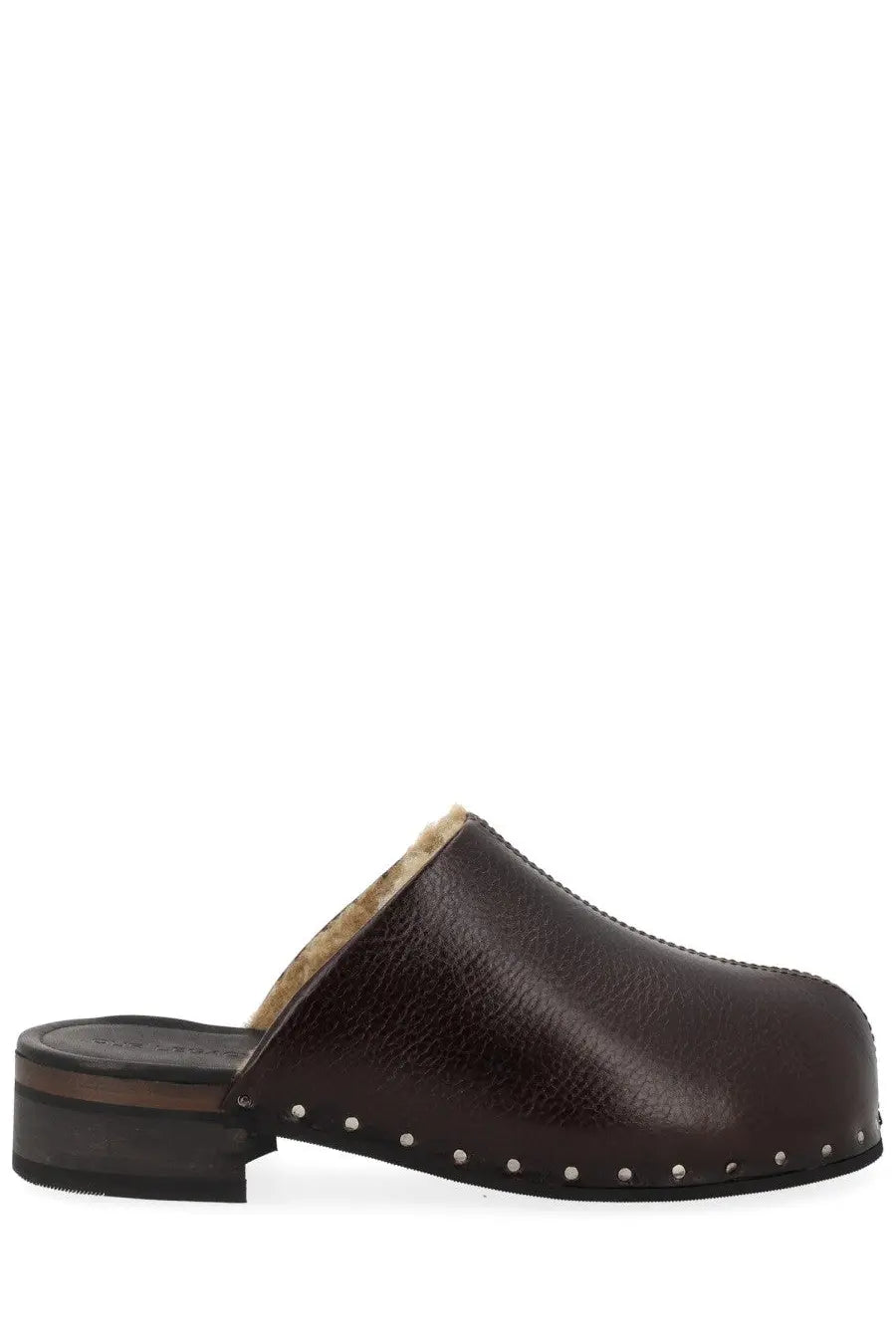 Our legacy women’s sandal naoto black brown leather clog with light fur lining and silver metal studs along the edge