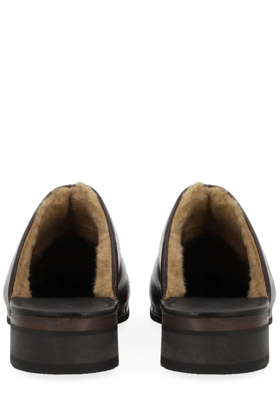 Our Legacy women’s sandal Naoto black dark brown leather mules with tan shearling lining and chunky heel