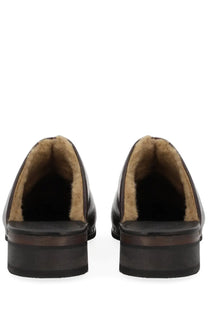 Our Legacy women’s sandal Naoto black dark brown leather mules with tan shearling lining and chunky heel