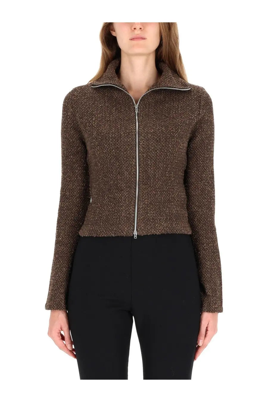 Our legacy women’s shirt brown brown textured knit zip-up jacket with silver zipper and collar