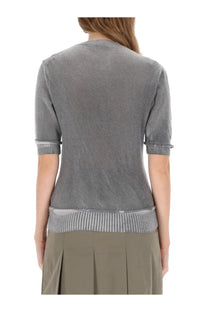 Our Legacy women’s shirt dual grey gray textured knit cardigan with ribbed cuffs and striped hem front view