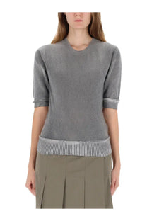 Our legacy women’s shirt dual grey gray textured knit sweater with three-quarter sleeves ribbed cuffs and hem