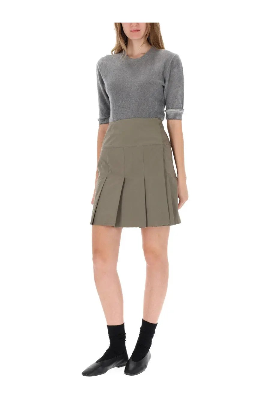 Olive pleated mini skirt featuring detailed folds in a soft fabric paired with our legacy women’s shirt dual grey