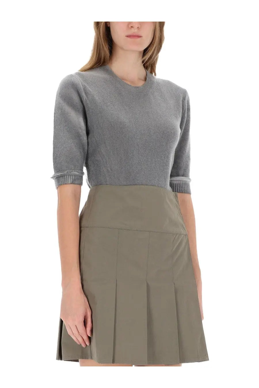 Our Legacy women’s shirt dual grey soft gray knit top with three-quarter sleeves paired with olive pleated skirt