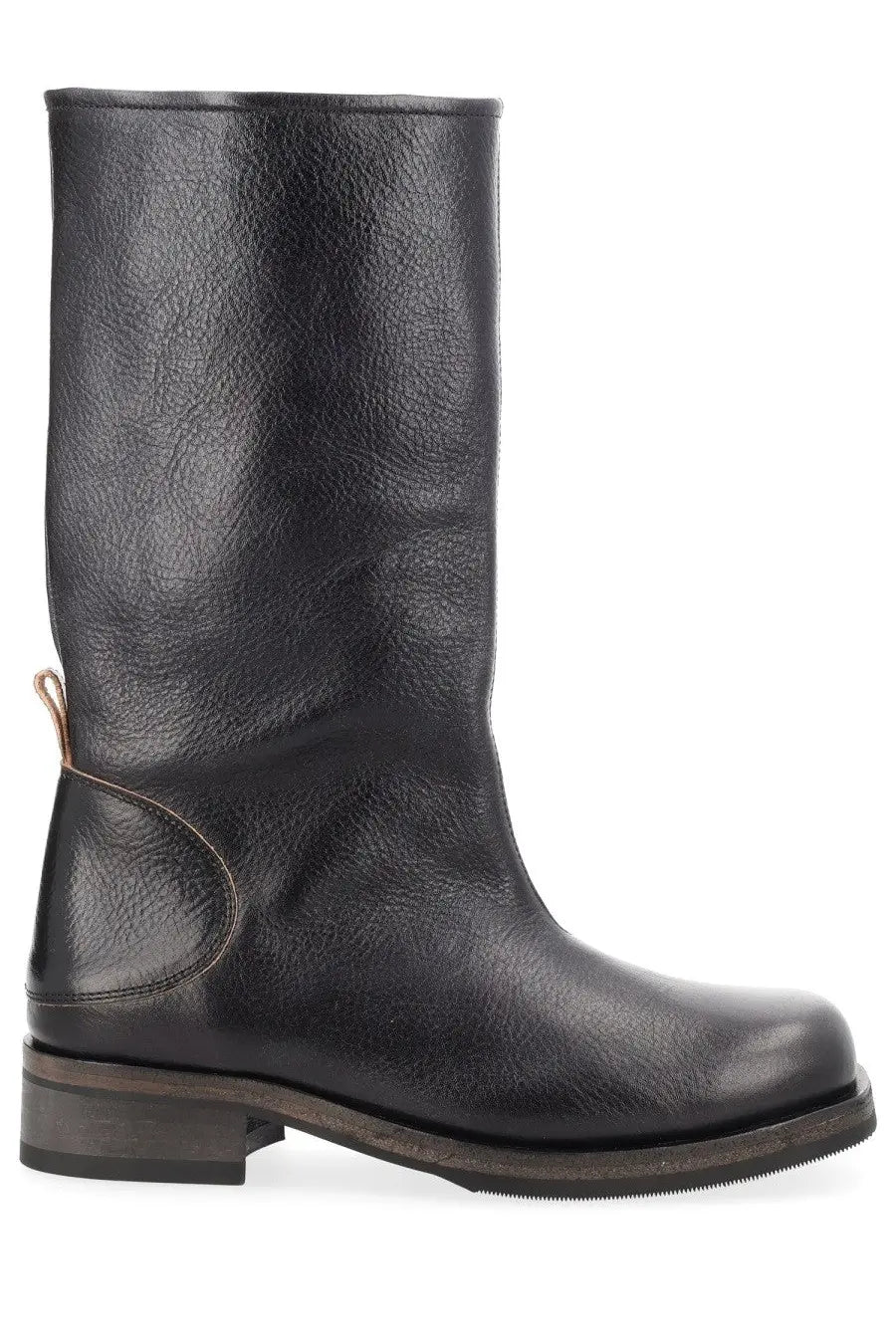Our Legacy women’s Stivale Haul Camion black leather knee-high boot with distressed finish and low block heel