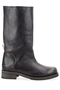 Our Legacy women’s Stivale Haul Camion black leather knee-high boot with distressed finish and low block heel