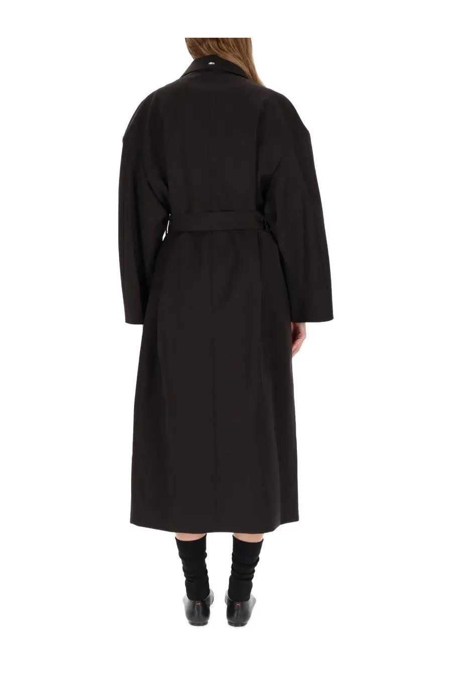 Our Legacy women’s trench coat Churchill black with belted waist and structured shoulders in classic black wool blend