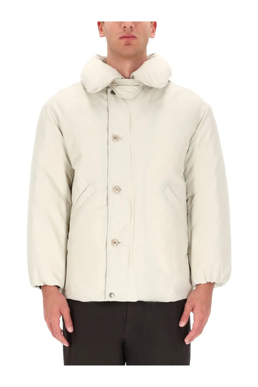 Lemaire men’s white cream-colored puffer jacket with plush oversized hood and subtle stitching details