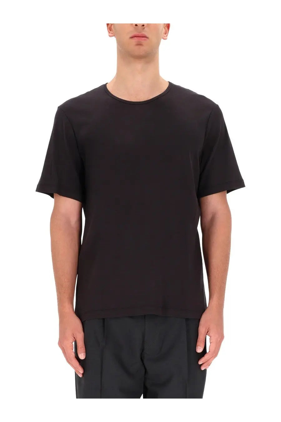 Lemaire men’s cotton shirt grey in black short-sleeved crew neck t-shirt style front view