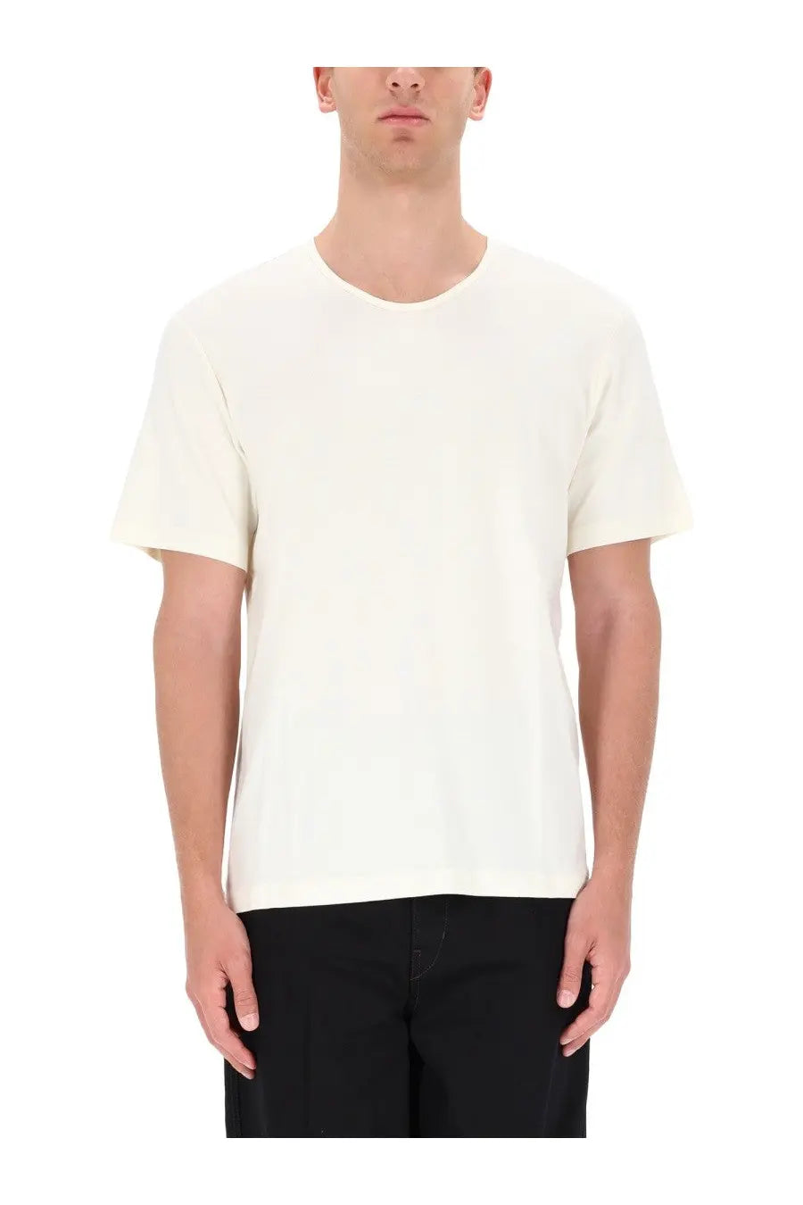 Lemaire men’s cotton shirt white featuring a minimalist off-white crew neck with soft textured fabric and simple design